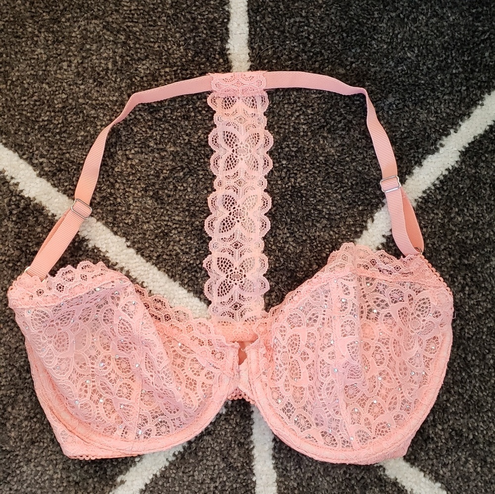 Peach Rhinestone Lace Racerback Bra
